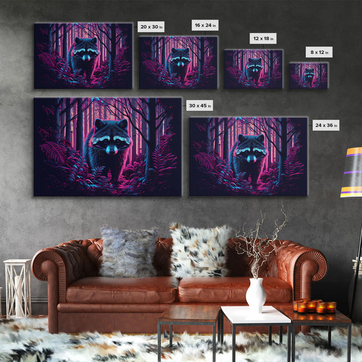 Cute racoon in the forest, vaporwave aesthetic animal art, framed canvas print, colorful animal art