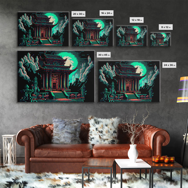 Japanese Pagoda pixel art, cyberpunk style pagoda, framed canvas print