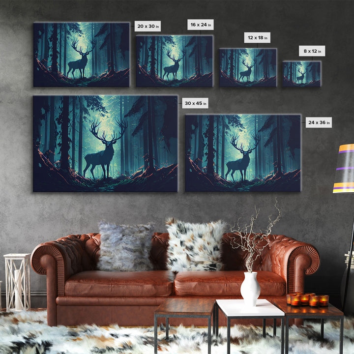 Mythical stag in the forest, fantasy art, framed canvas print, mythical creatures