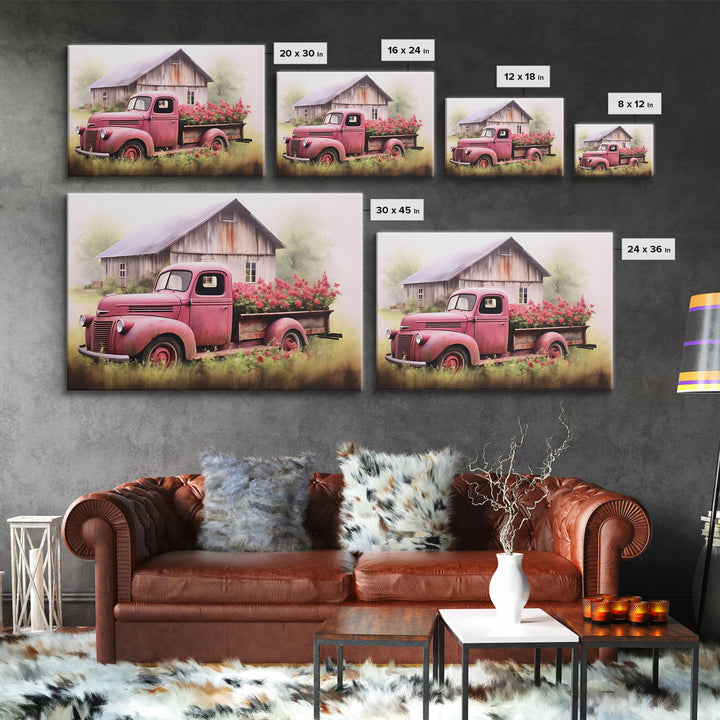 Old Pink Truck Used As a Flower Bed, Framed Canvas Print Or Poster, Rustic Farmhouse Decor, Primitive Art, Country Home Art