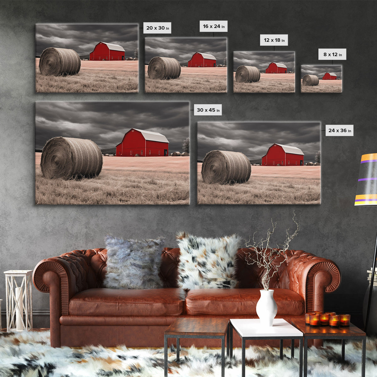 Liminal Spaces, Red Barn Under A Storm Canvas Print, Rustic / Minimalist Cottagecore Wall Art, Framed Canvas Print, Hay Bale Art