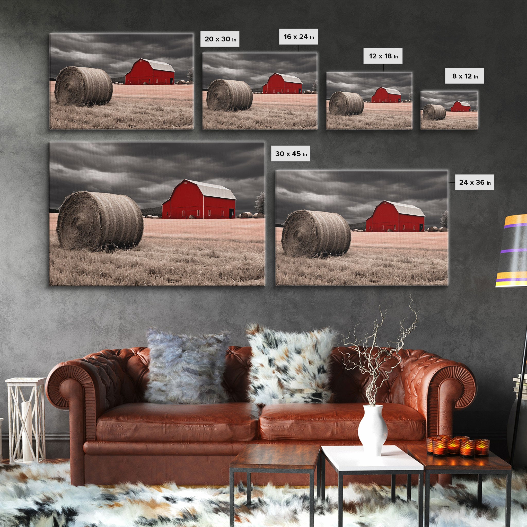 Liminal Spaces, Red Barn Under A Storm Canvas Print, Rustic / Minimalist Cottagecore Wall Art, Framed Canvas Print, Hay Bale Art