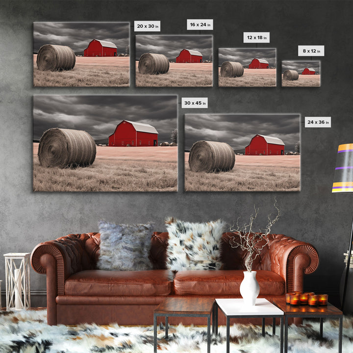 Liminal Spaces, Red Barn Under A Storm Canvas Print, Rustic / Minimalist Cottagecore Wall Art, Framed Canvas Print, Hay Bale Art