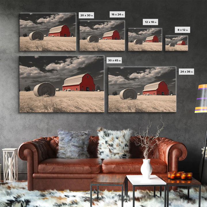 Wide Open Spaces, Red Barn Under A Storm Canvas Print, Rustic / Minimalist Cottagecore Wall Art, Framed Canvas Print, Hay Bale Art, Liminal