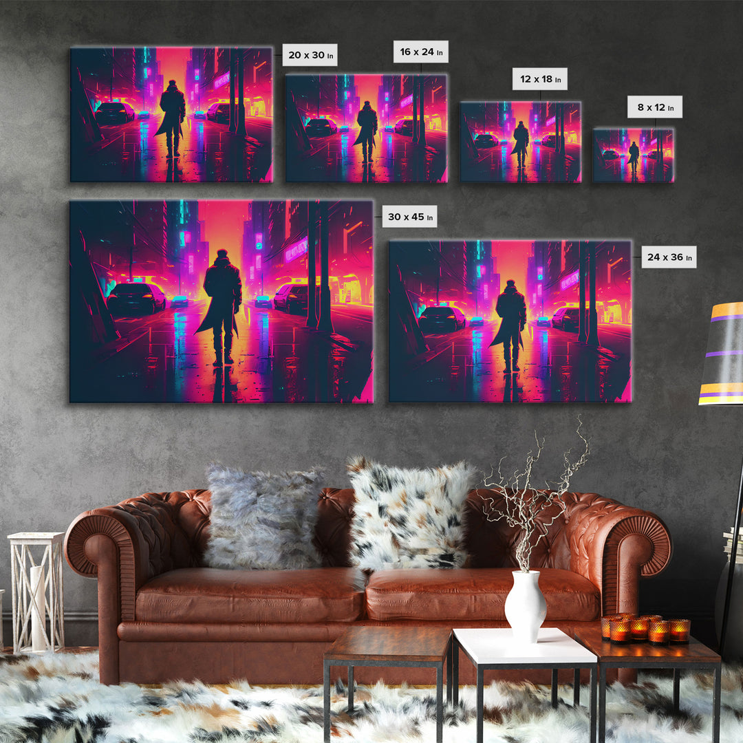 Cyberpunk bounty hunter art, vaporwave synthwave dystopian cityscape, framed canvas print