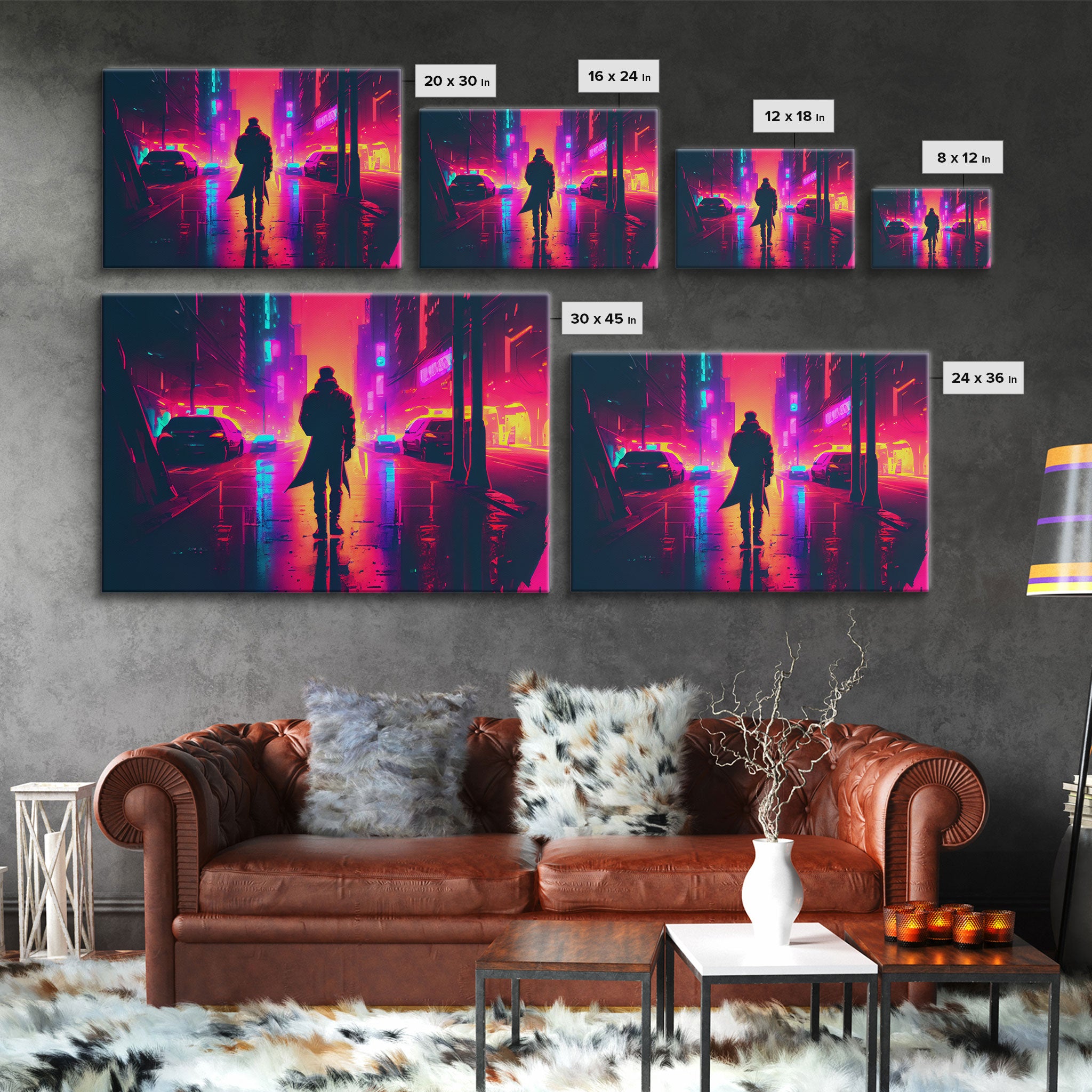 Cyberpunk bounty hunter art, vaporwave synthwave dystopian cityscape, framed canvas print