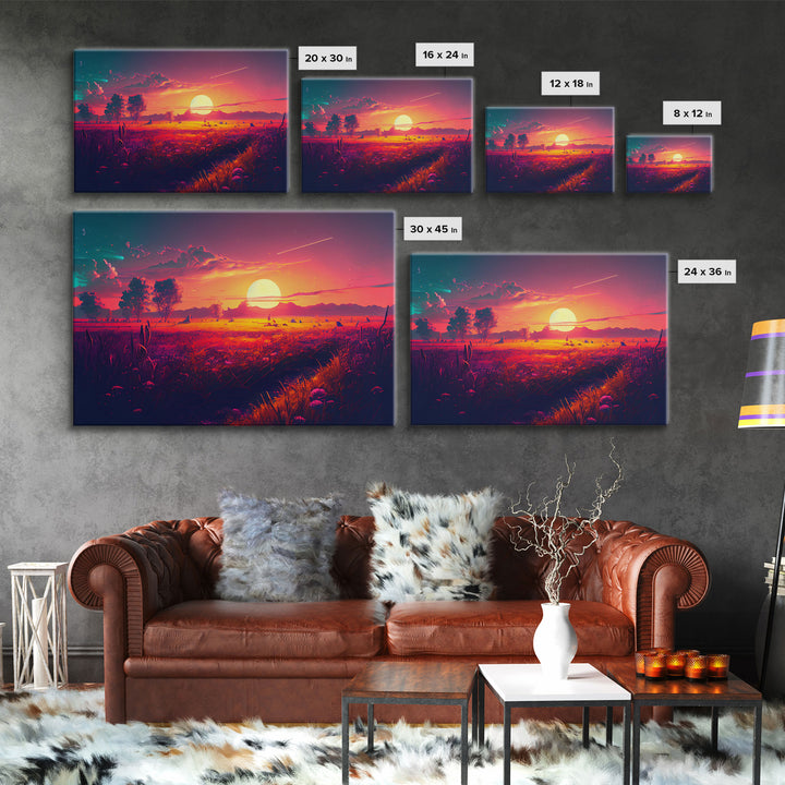 Watercolor of a beautiful sunset over a vibrant field of flowers, framed canvas print, framed art