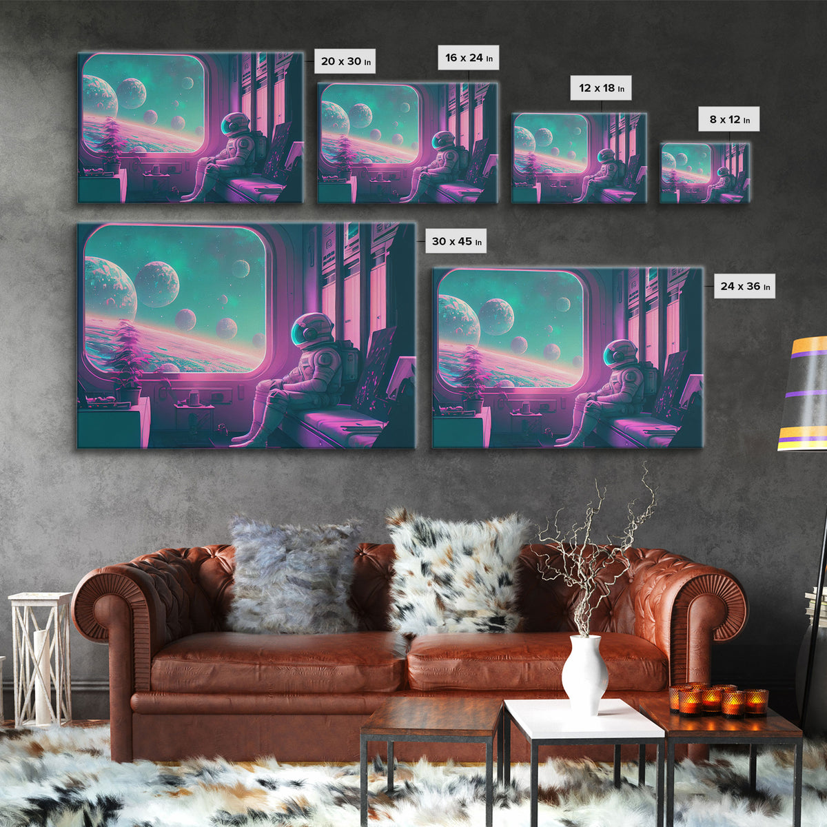 Vaporwave Aesthetic Scifi Art, In Transit, Astronaut riding the space train, framed canvas print