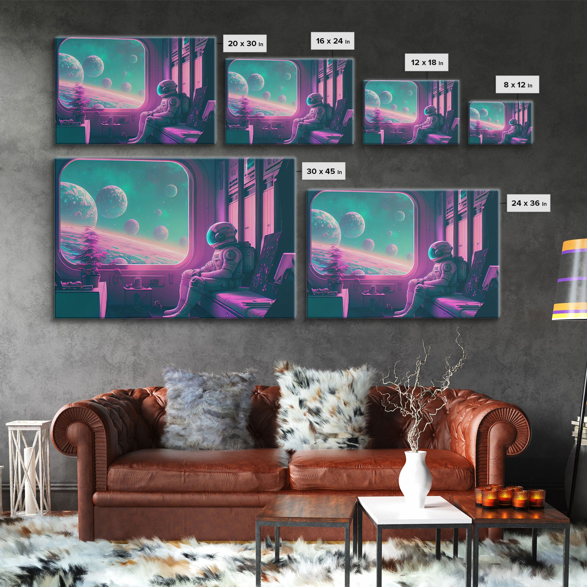 Vaporwave Aesthetic Scifi Art, In Transit, Astronaut riding the space train, framed canvas print