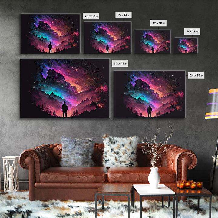 Contemplating the Universe, retro style space art, framed canvas print, synthwave space decor