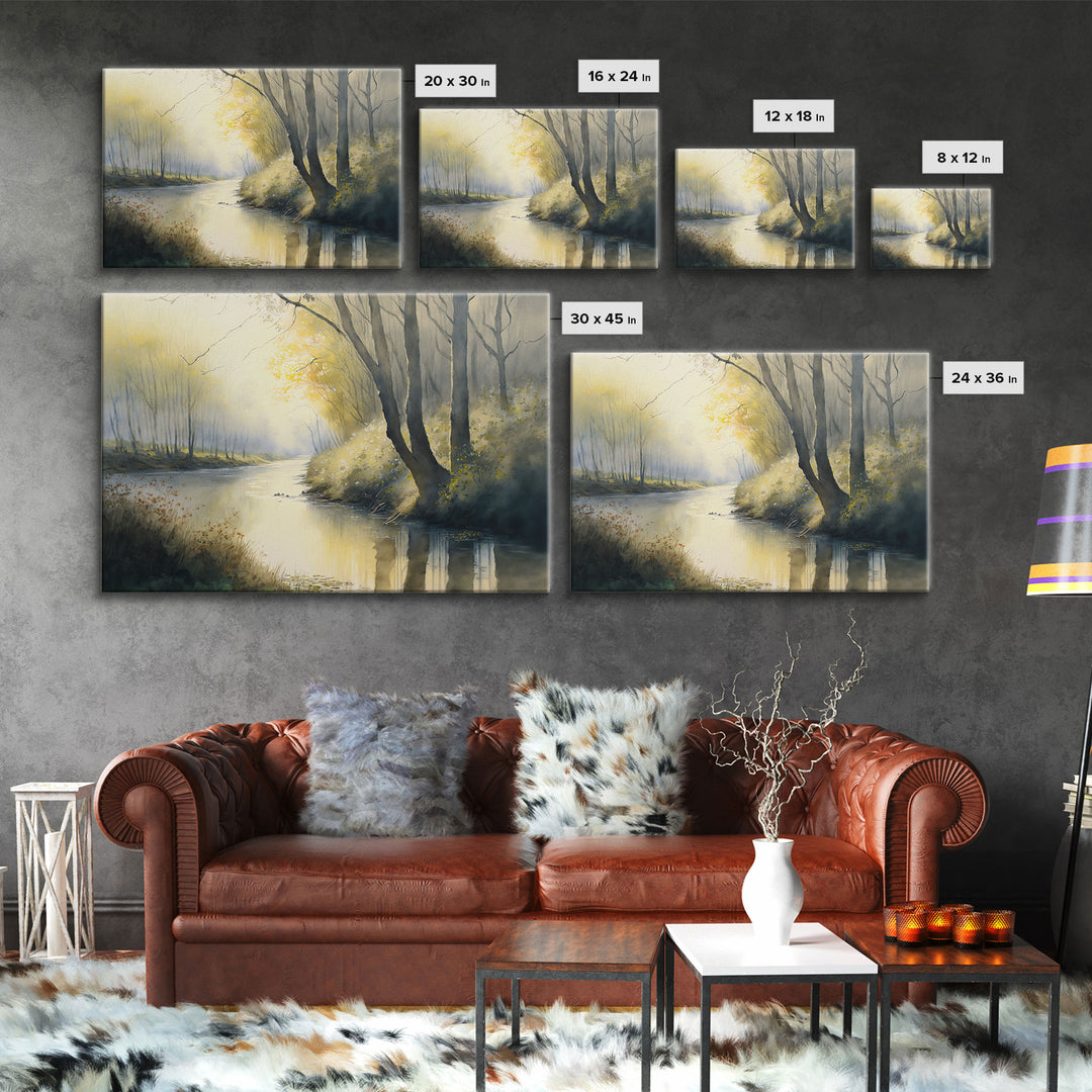 Watercolor | Framed Canvas Print | Bendy River Landscape | Wall Decoration | Modern Farmhouse | Wall Decoration