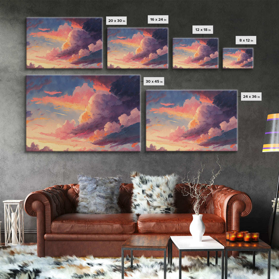 Pink Clouds Sunset Art | Framed Canvas Print | Vintage Style Painting Print | Whimsical Boho Decor | Modern Farmhouse Art
