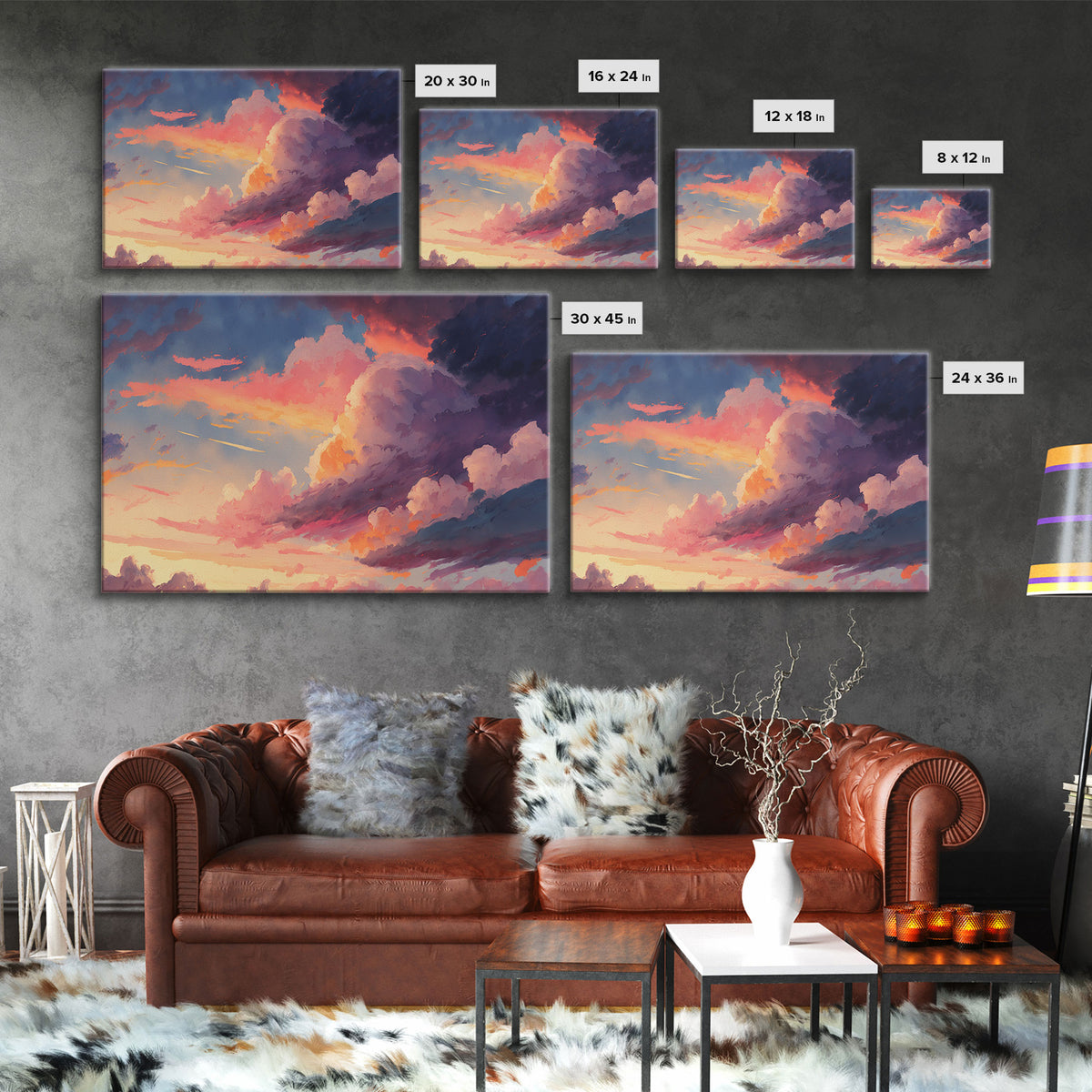 Pink Clouds Sunset Art | Framed Canvas Print | Vintage Style Painting Print | Whimsical Boho Decor | Modern Farmhouse Art
