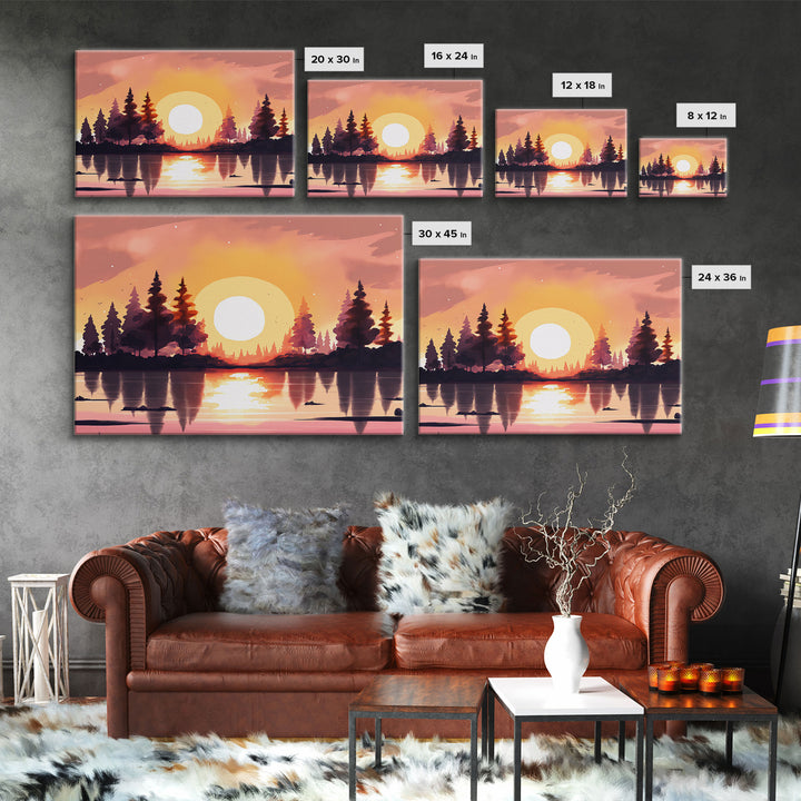 Sunrise Over The Lake and Forest, Lakehouse landscape art, orange and red tones, framed canvas print, watercolor art