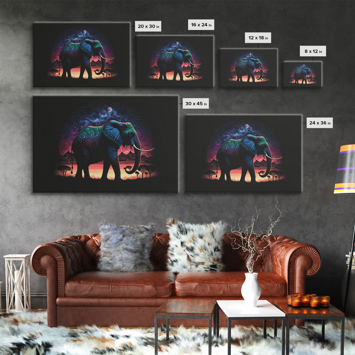 Elephant Art | Framed Canvas Print | Framed Wall Art | Animal Prints | Wildlife Art | Elephant Walks Under A Full Moon | Kid's Room Decor