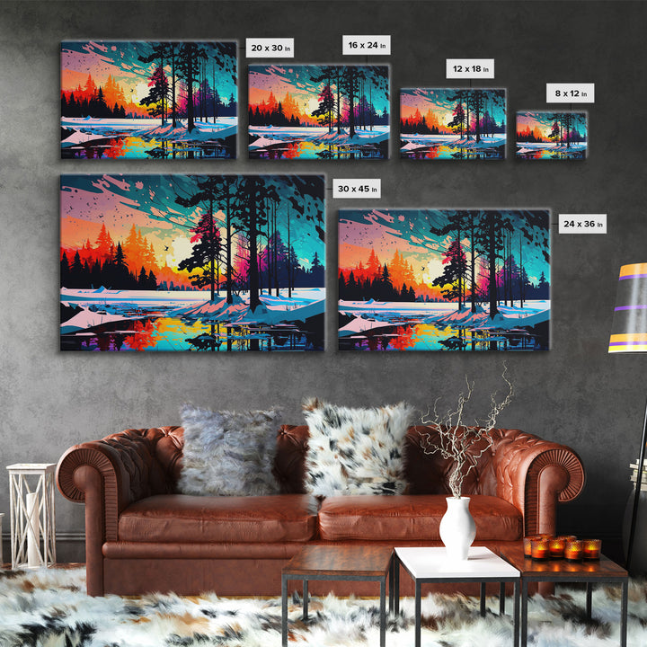 Pop Art Style Water Color of a Winter Forest | Minimalist Contemporary Art | Framed Canvas Print | WPAP Style Landcape Art