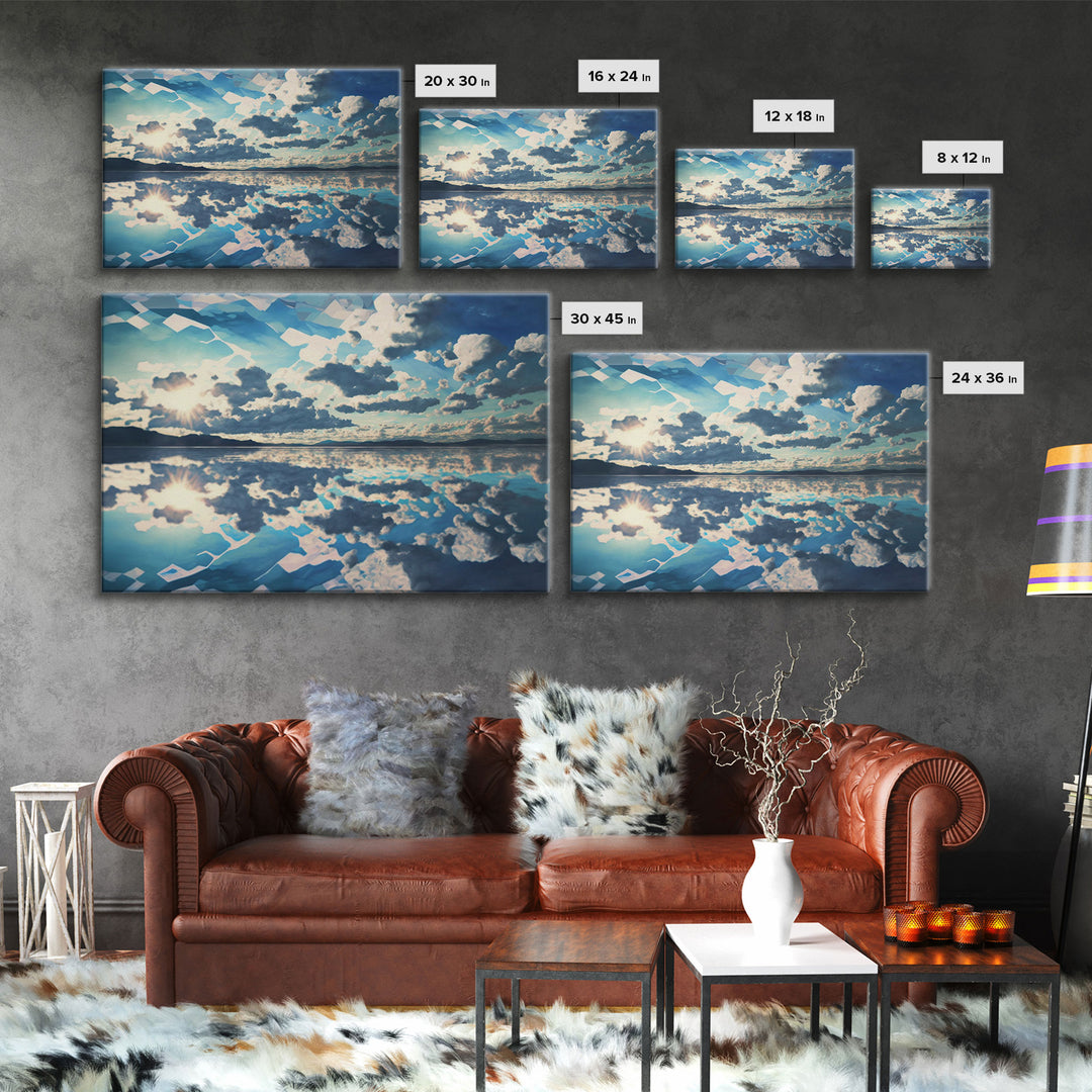 Reflections in Ice, Framed canvas print, unique farmhouse wall art, blue and white tones