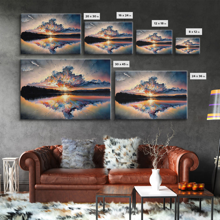 Sunset Reflection over a Lake, framed canvas print, framed wall art, colorful decor, above couch art