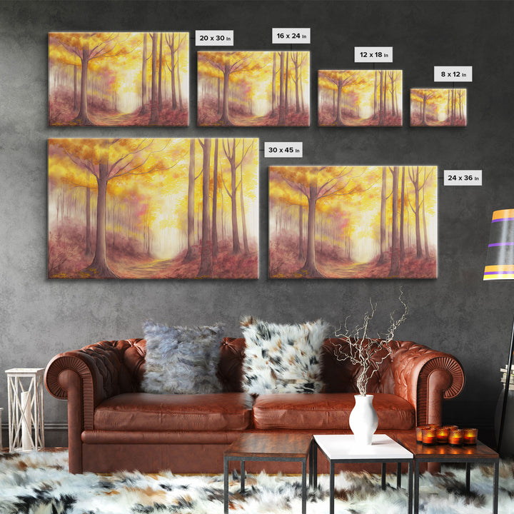 Watercolor of a fall forest, framed canvas print, framed wall art, living room wall decor