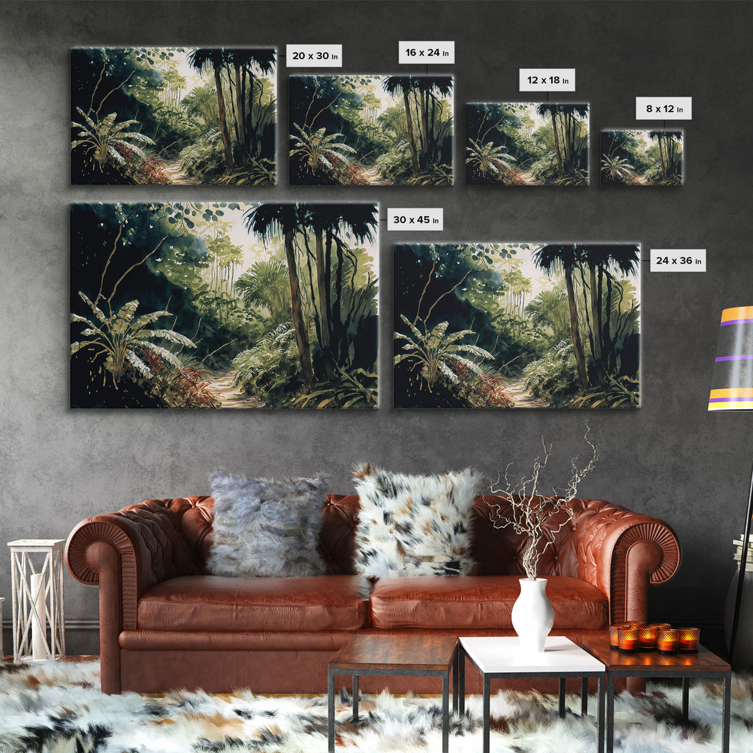 Watercolor of a Jungle Landscape, Framed Canvas Print, Framed Wall Art