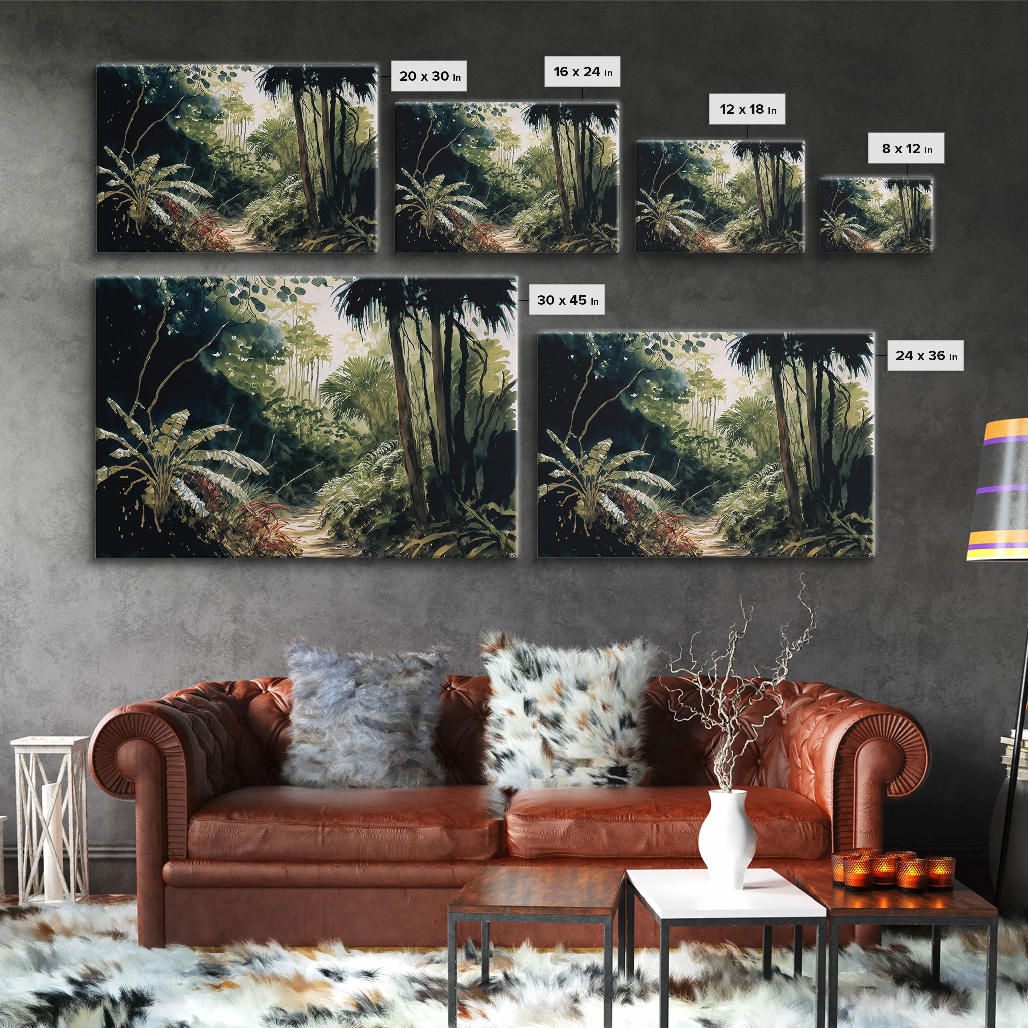 Watercolor of a Jungle Landscape, Framed Canvas Print, Framed Wall Art