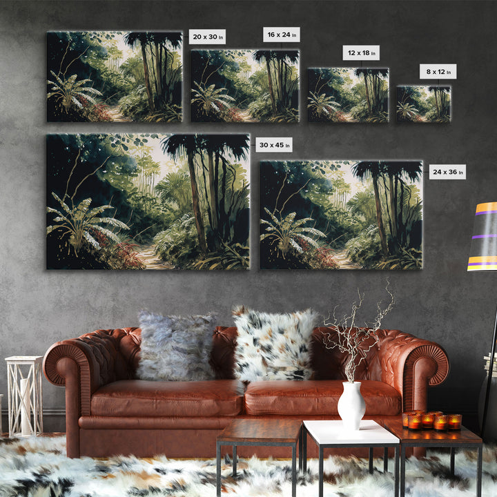 Watercolor of a Jungle Landscape, Framed Canvas Print, Framed Wall Art