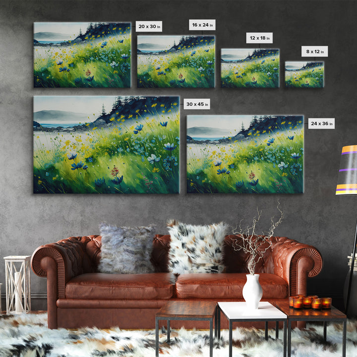 Beautiful Watercolor of a field of blue flowers, framed canvas print, whimsical wall decor, colorful wall art