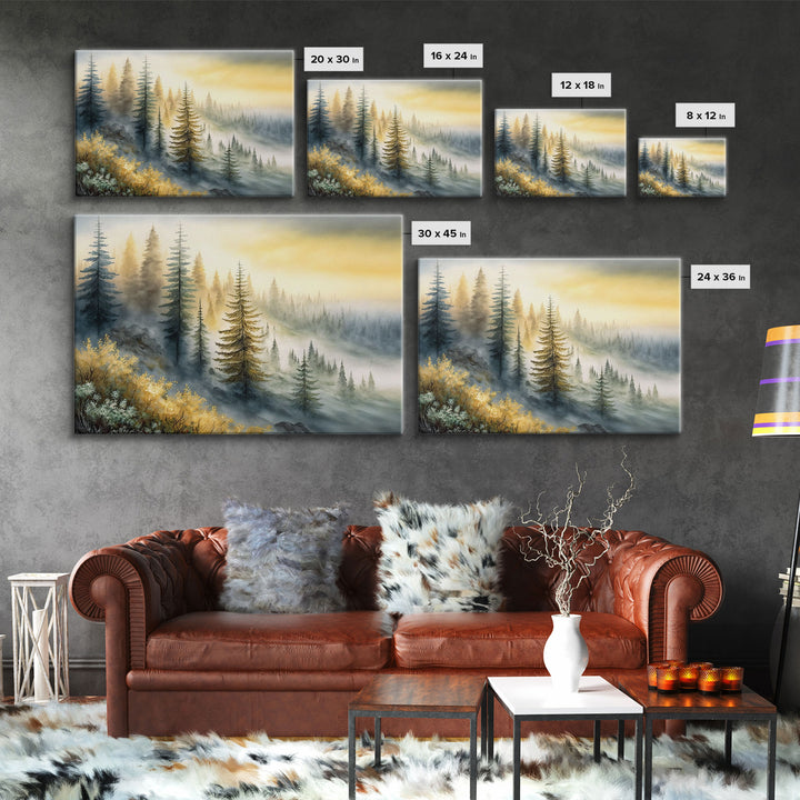 Watercolor of a foggy pine tree forest, framed canvas print, unique wall art, contemporary art