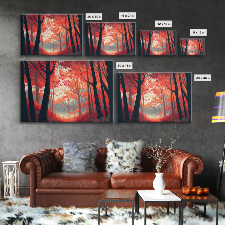 Red Forest, Forest Images, framed canvas print, forest ecosystem wall art, autumn forest wall art
