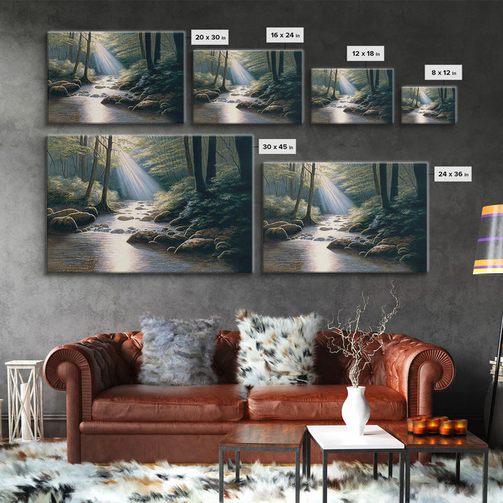Colorful Watercolor Art, Framed Canvas Print, unique wall art, framed wall art, Landscape watercolor, Beams of Sunlight piercing the canopy