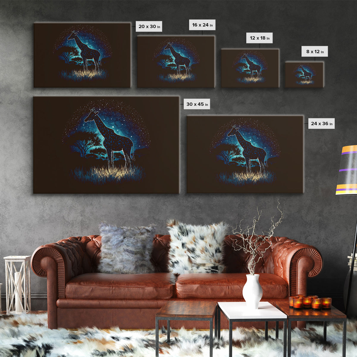 Starry Night over Africa, Giraffe Print, Framed Canvas Art, Galaxy Night Sky, Mancave decor