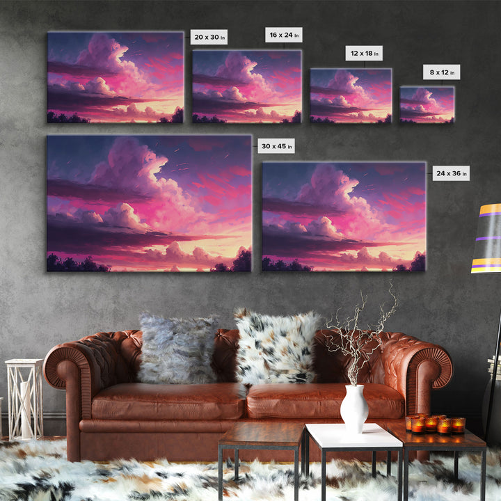 Contemporary Sunset Cloudy Sky, Framed canvas print, colorful landscape art, living room decor