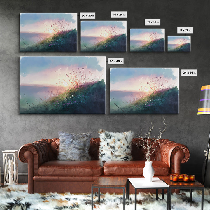 Serene Sunset, Watercolor Landscape Art, Framed Canvas Print, colorful wall art, above couch living room art