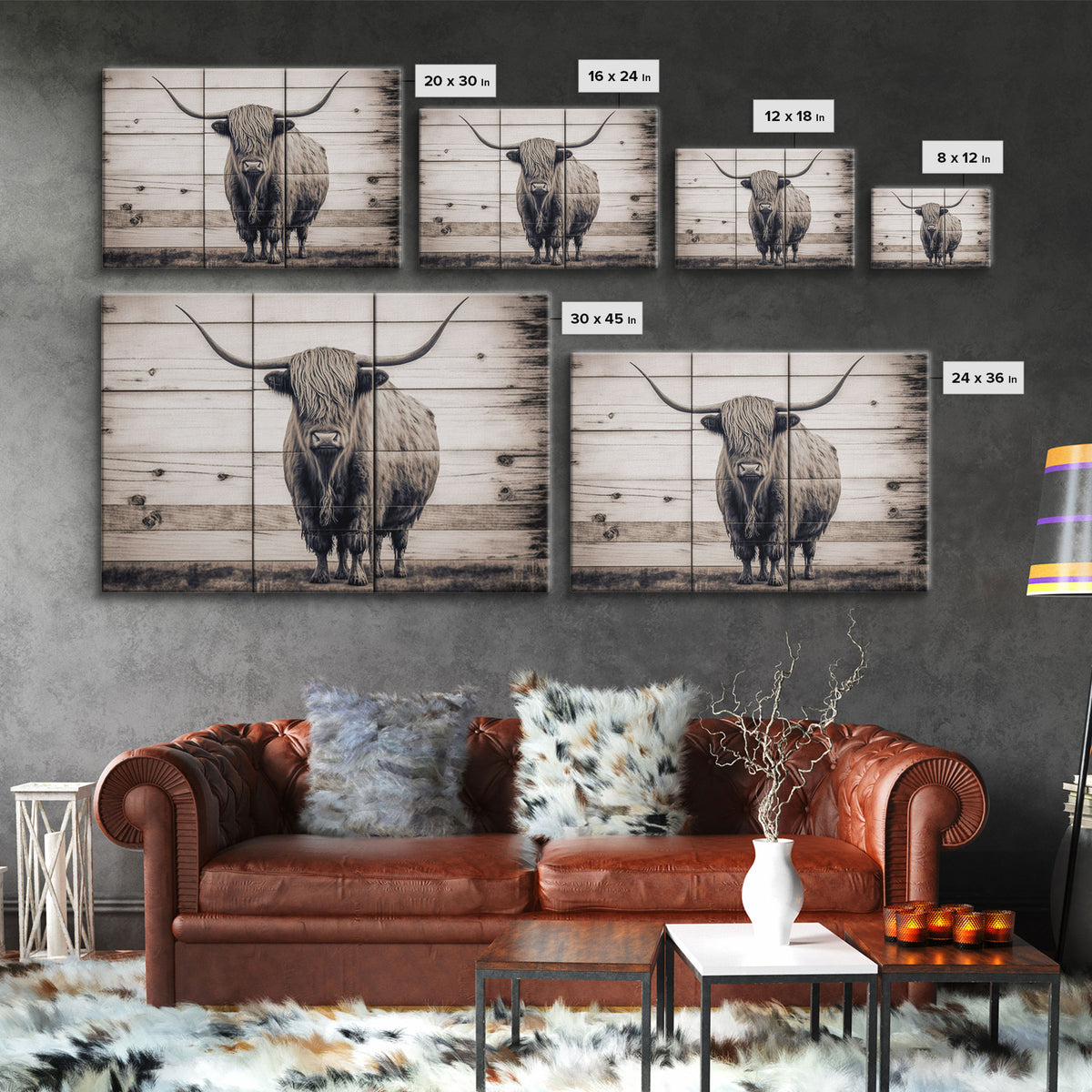Rustic Cattle Art, Framed Canvas Print, Framed Wall Art, Primitive Rustic Minimalist Farmhouse Decor, Highland Cattle Distressed Art