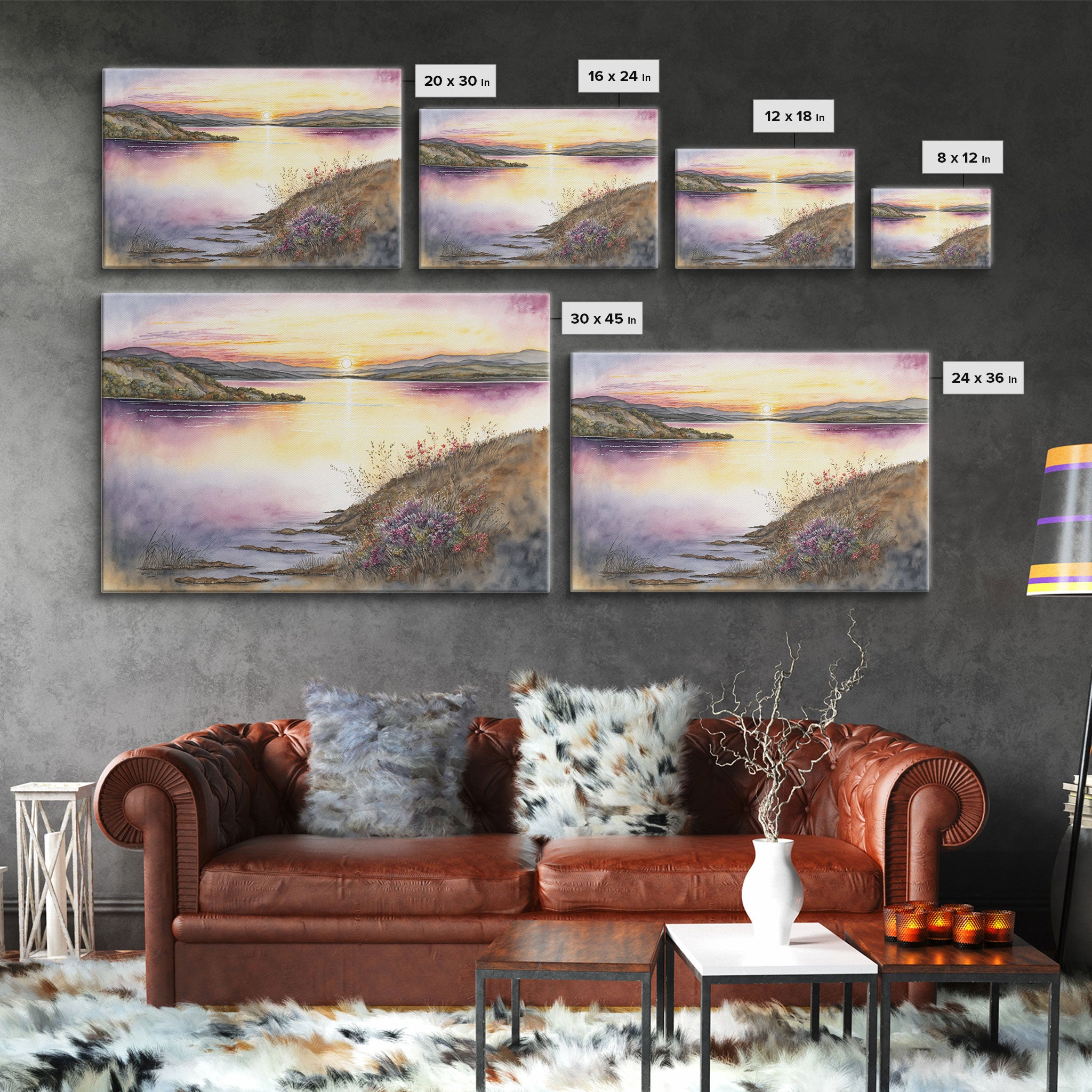 Flower Watercolor Painting, Beautiful thin brush stroke watercolor landscape, framed canvas print, living room art
