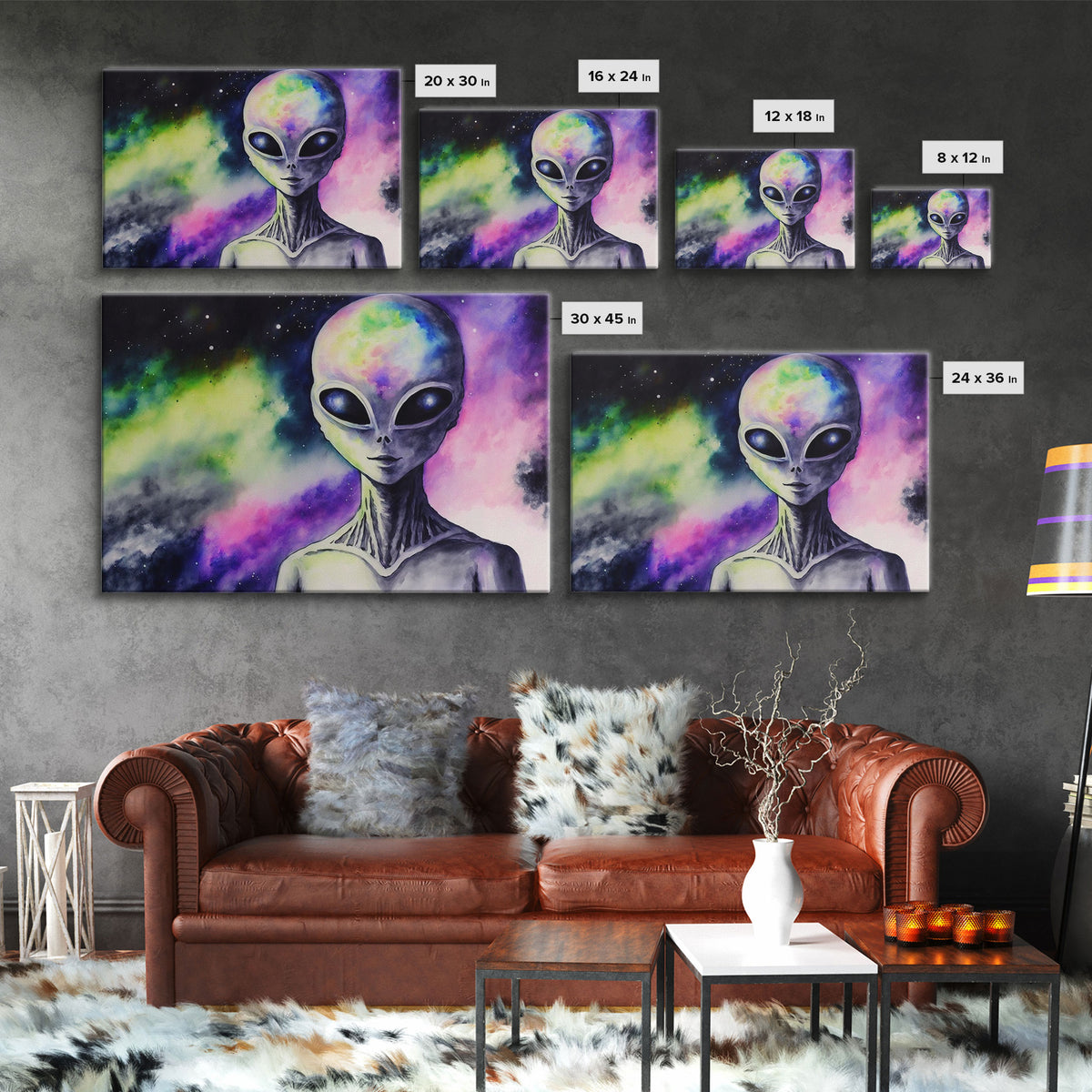 Psychedelic Intergalactic Alien Art, Watercolor Style, Framed Canvas Print, Scifi Wall Art
