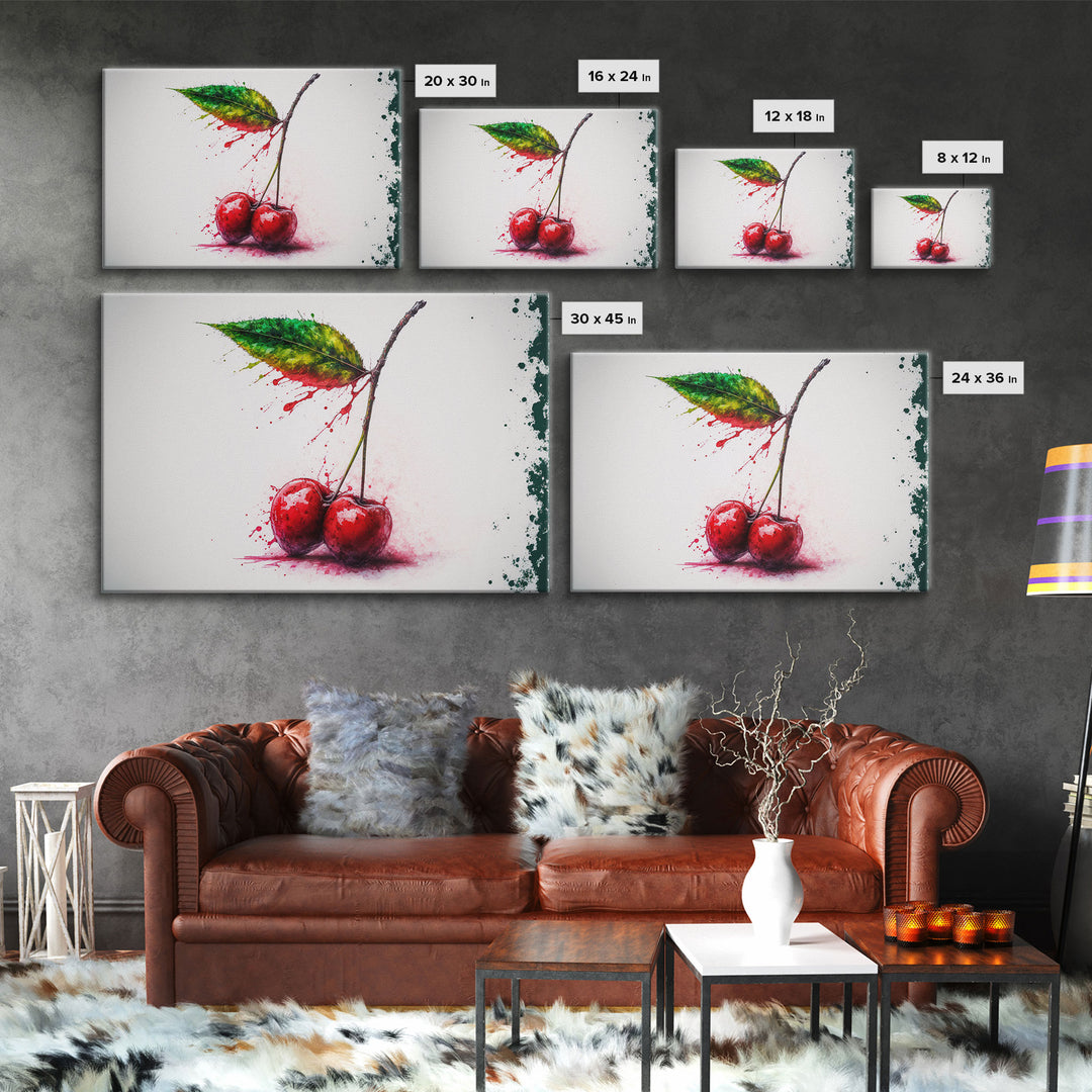 Watercolor Cherry, Still Life Paint Splatter Art, Framed Canvas Print, Fruit Art, Cherries with Stems Watercolor Painting