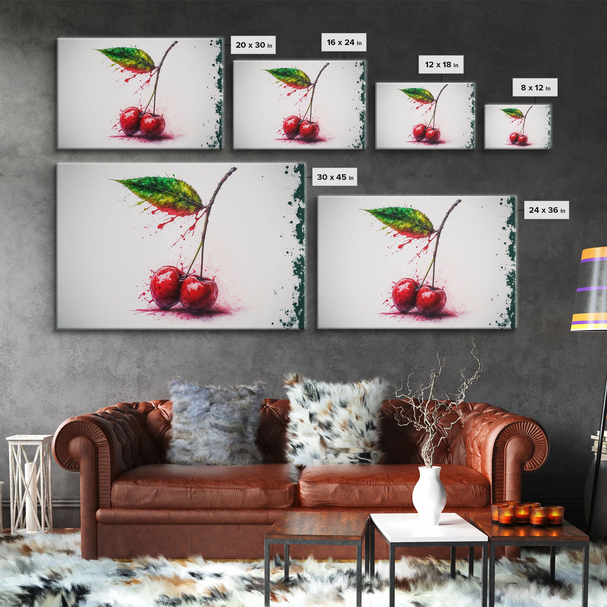 Watercolor Cherry, Still Life Paint Splatter Art, Framed Canvas Print, Fruit Art, Cherries with Stems Watercolor Painting