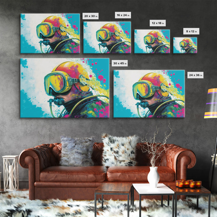 Graffiti Pop Art Scuba Diver, Framed Canvas Print, Scuba Painting, Retro Under Water Punk Art