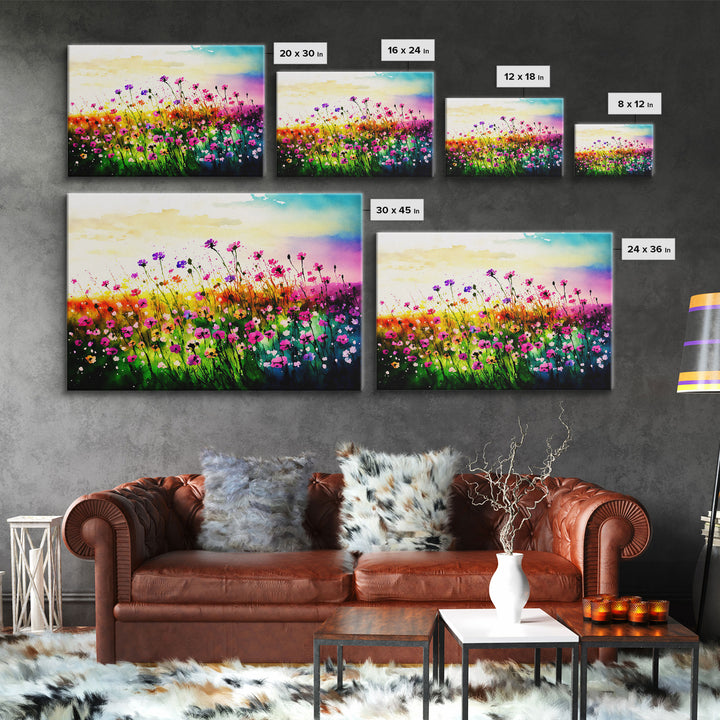 Field Of Rainbow Colored Wild Flowers, Watercolor, Framed Canvas Print, Original Art, Large Format Art, huge living room art