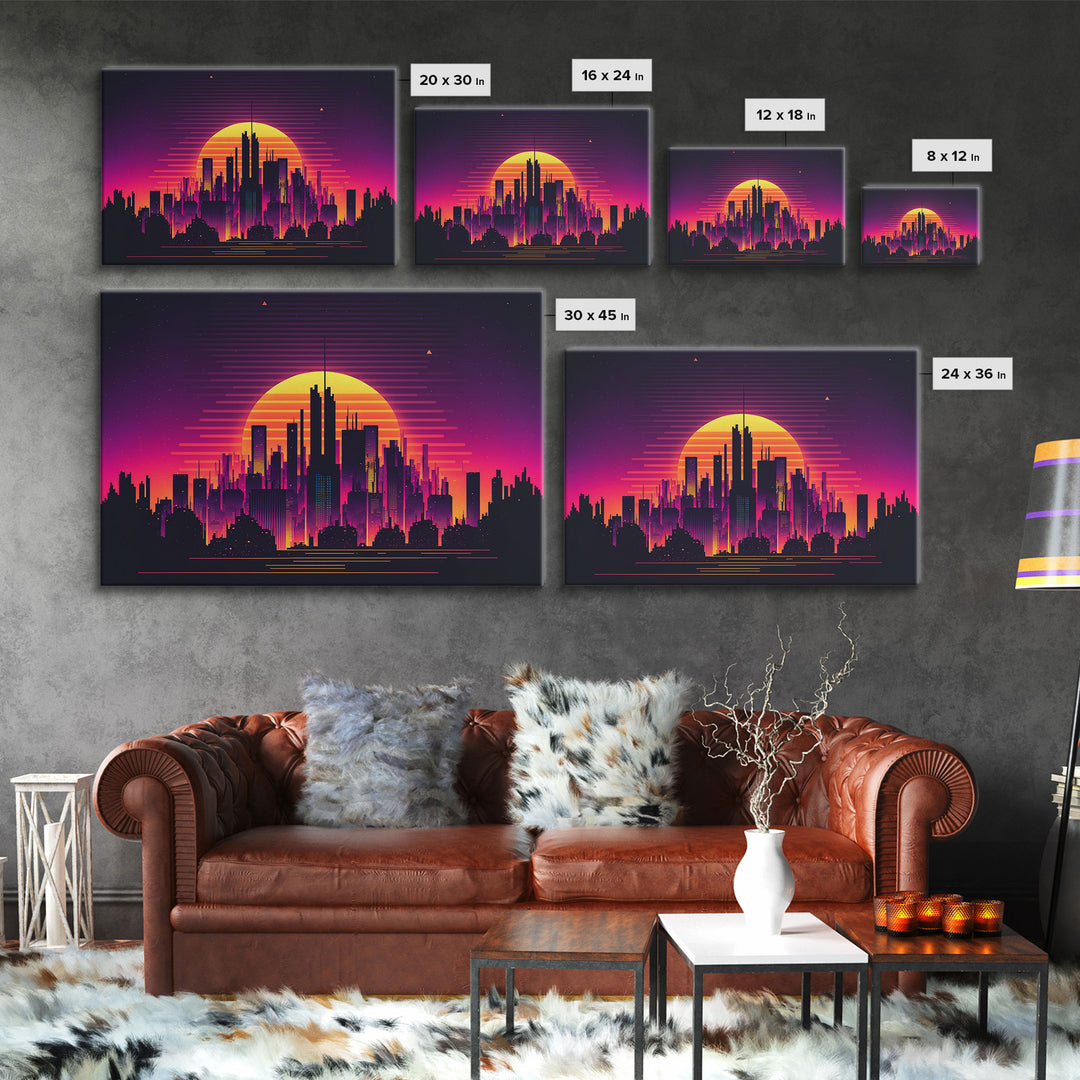 Outrun Style Futuristic Cyberpunk City Skyline at Sunset, Concept art, framed canvas print, dystopian art