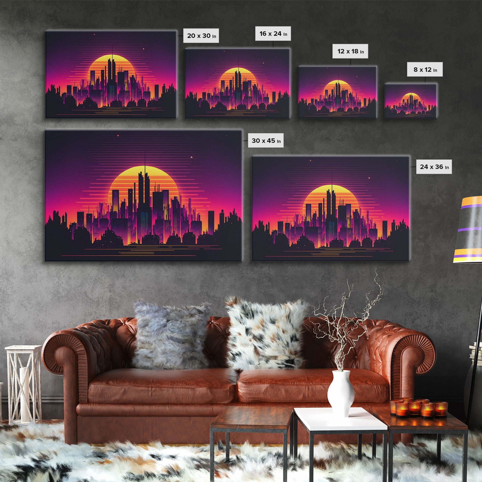 Outrun Style Futuristic Cyberpunk City Skyline at Sunset, Concept art, framed canvas print, dystopian art