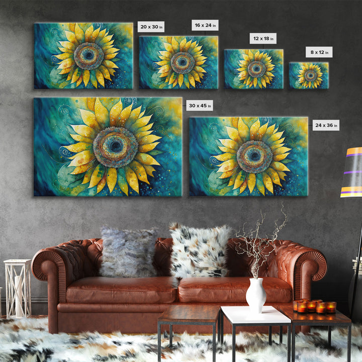 Watercolor of a Sunflower, Framed Canvas Print, Framed Art, Lowkey Farmhouse Wall Art, Living Room Decor, Living Room painting