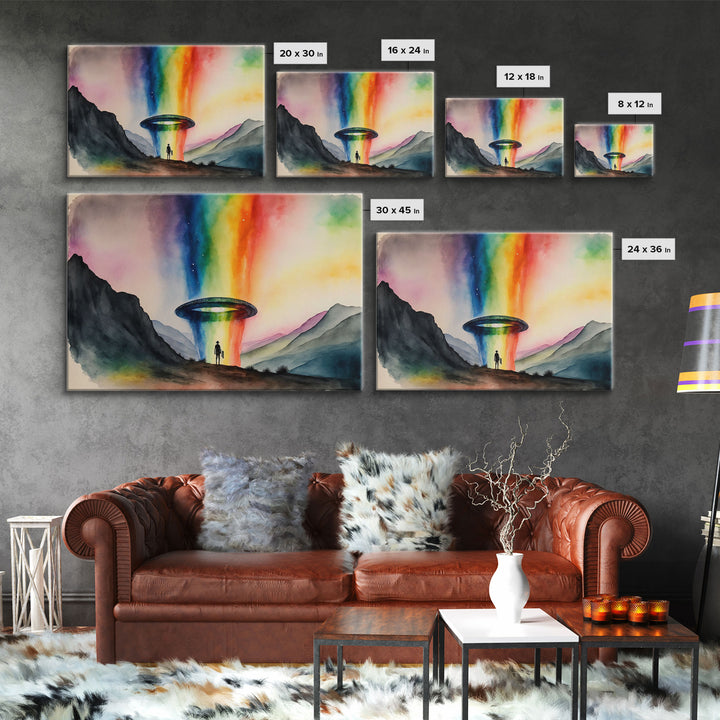 The Abduction, Rainbow UFO Art, Watercolor, Framed Canvas Print, Science Fiction Wall Decor