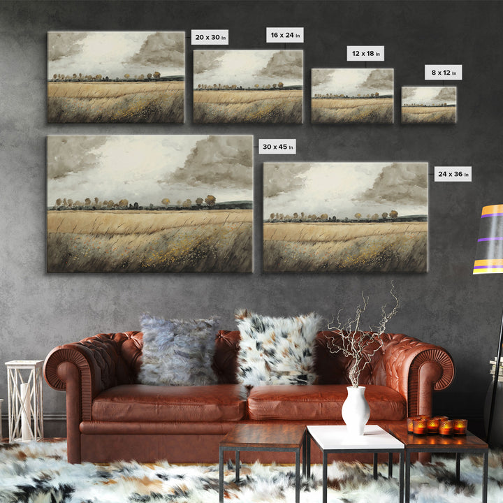 Moody Country Landscape Canvas Print Painting | Vintage Wall Art | Subdued Wall Art | Framed Canvas | Muted Monochromatic Landscape Art