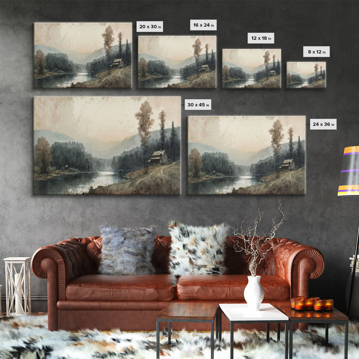 Cottage On The Lake, Wall Art, Framed Canvas Print, Subdued Minimalist Boho Style Wall Decor, Canvas Art, Rustic Decor