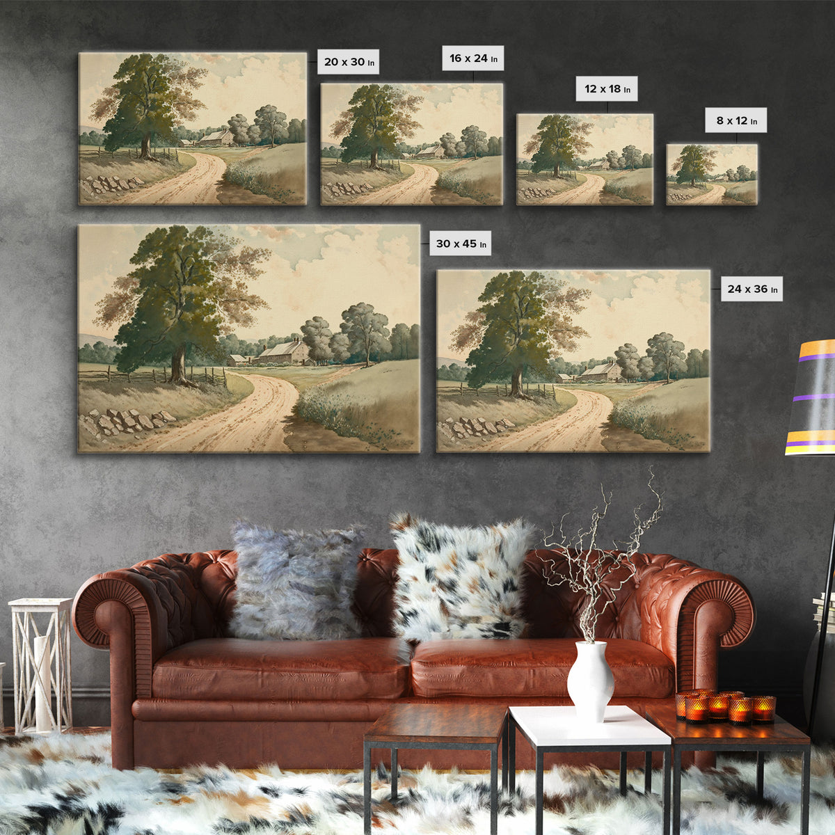 Vintage Landscape Wall Art Print, Nature Framed Large Gallery Art, Minimalist Art Ready to Hang, With Hangers, Muted Farmhouse Art