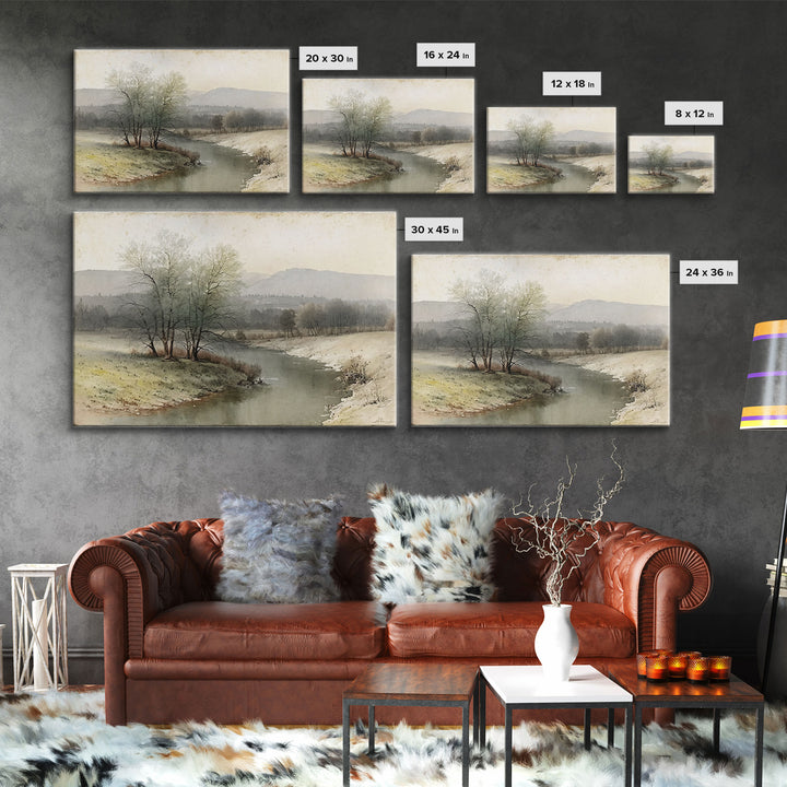 Rustic Vintage Landscape Wall Art Print, Nature Framed Large Gallery Art, Minimalist Art Ready to Hang, With Hangers, Muted Farmhouse Art