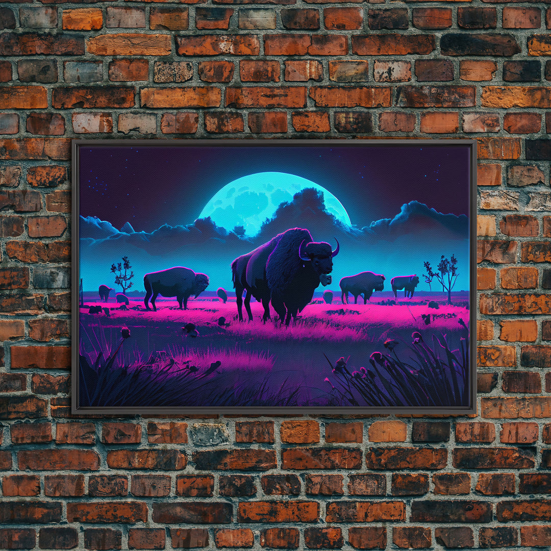 American Buffalo, Retrowave art, herd of Bison and a full moon, framed canvas print