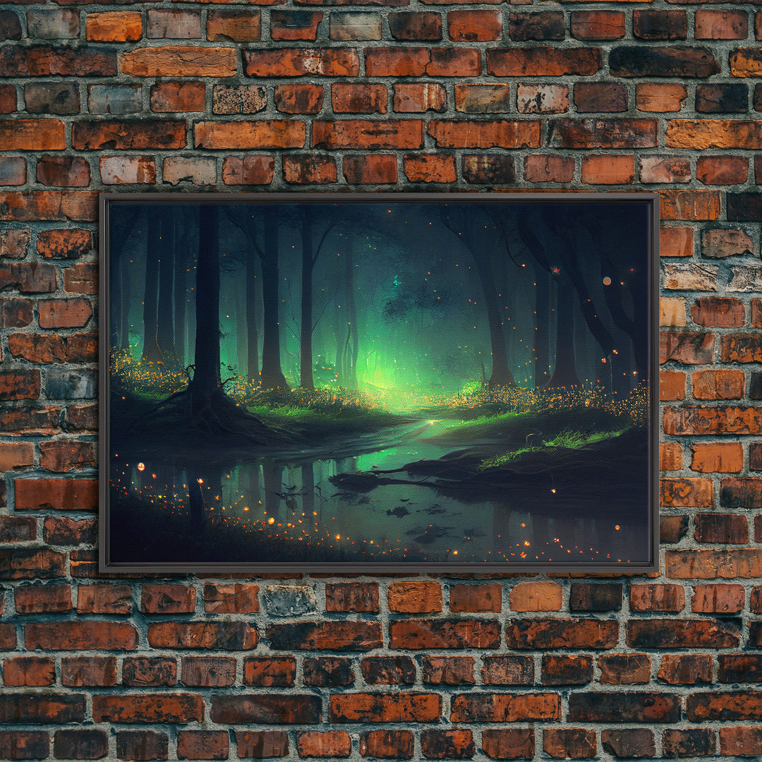 Fireflies In Forest Swamp Night Green Wall Poster, Wall Decor, Wall Art Print, Fine Art Print